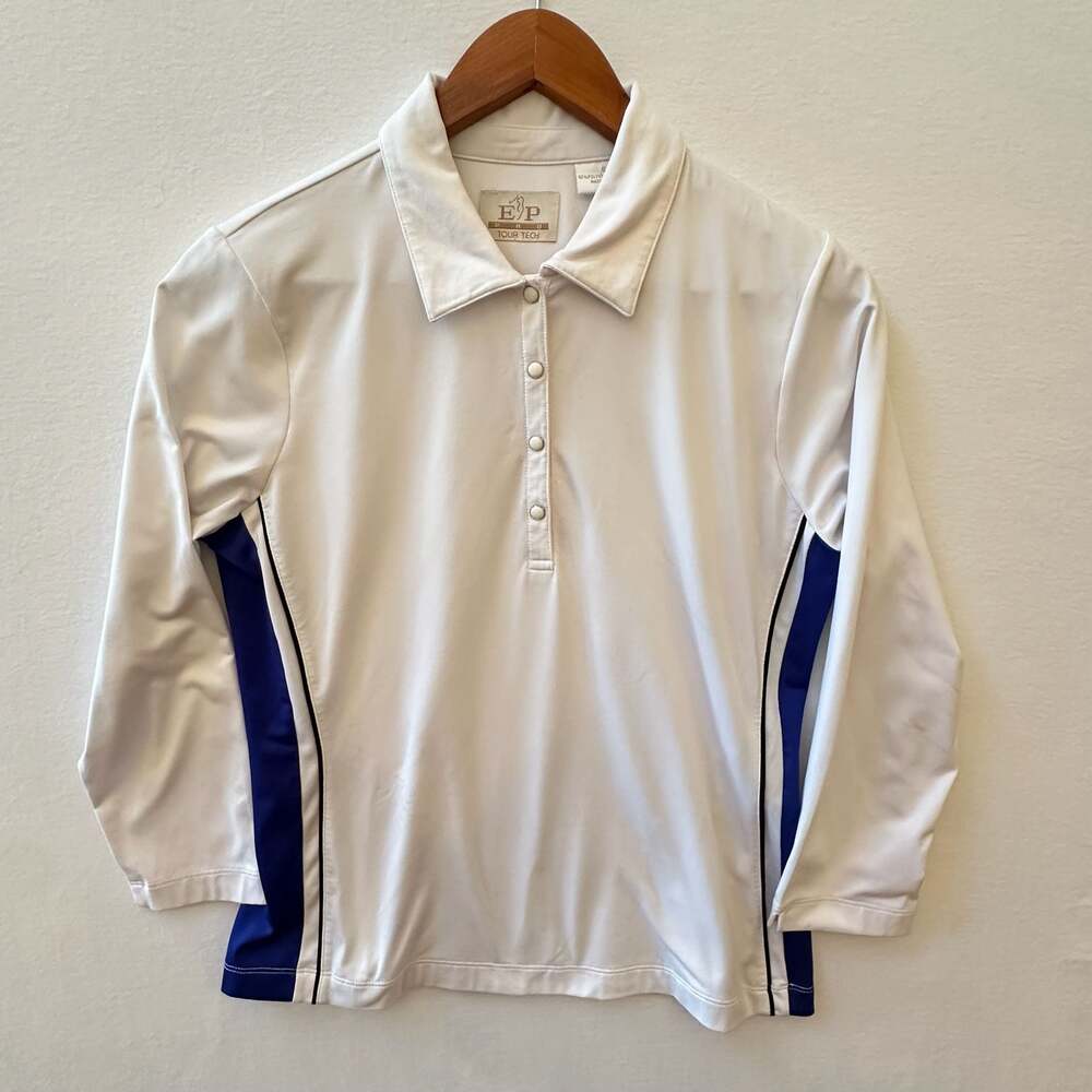 EP Pro Tour Tech Womens White 3/4 Sleeve Golf Shirt with Blue Side Panels Size S